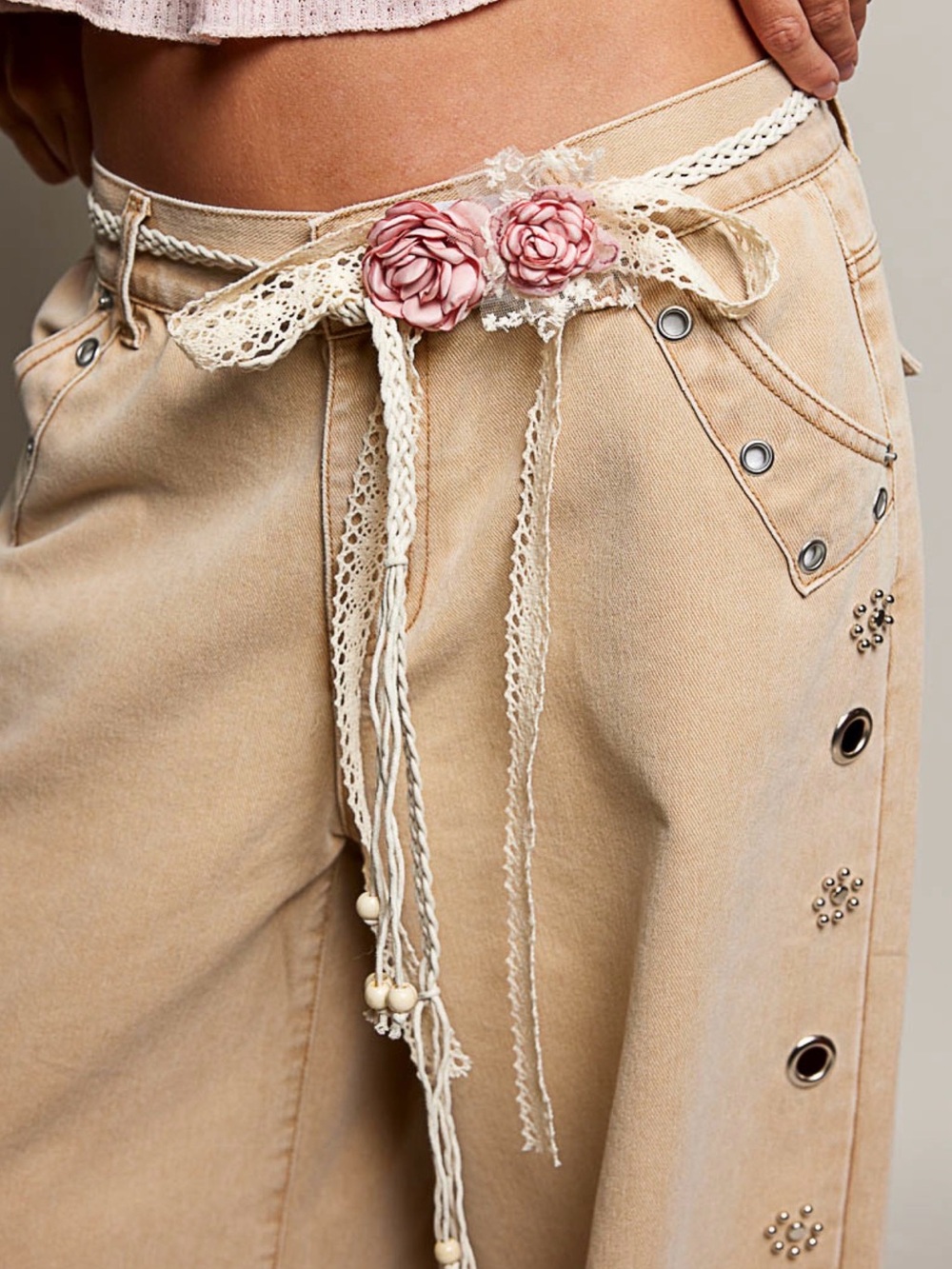POL Cream Lace Braided Belt with Pink Floral Accents